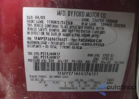 2005 Ford Five Hundred Sel z USA, uszkodzony, nr VIN 1FAFP27165G176121